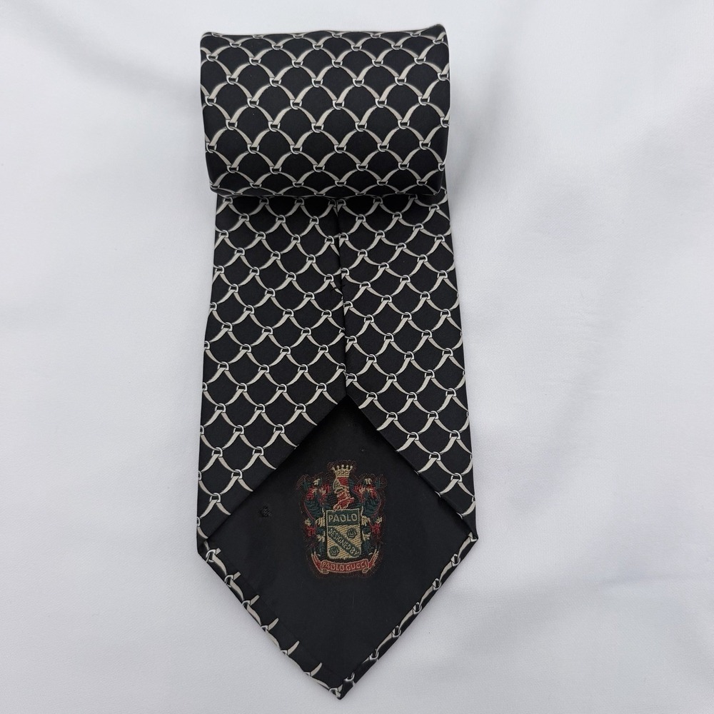 Vintage Paolo Gucci Silk Tie Black Gold Equestrian Chain Link Horsebit Crest